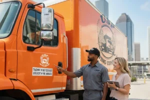 Professional Houston local movers unloading a USF Moving truck with the city skyline in the background