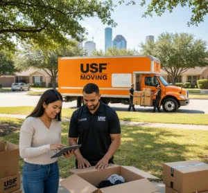 USF Moving Company's professional Houston local movers unloading a clean 26ft moving truck with the city skyline in view