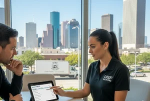 Professional Houston local movers unloading a USF Moving truck with the city skyline in the background