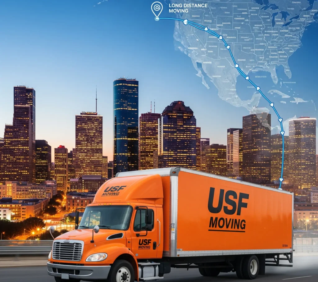 Professional movers in Midtown Houston TX unloading a residential moving truck near local high-rise apartments