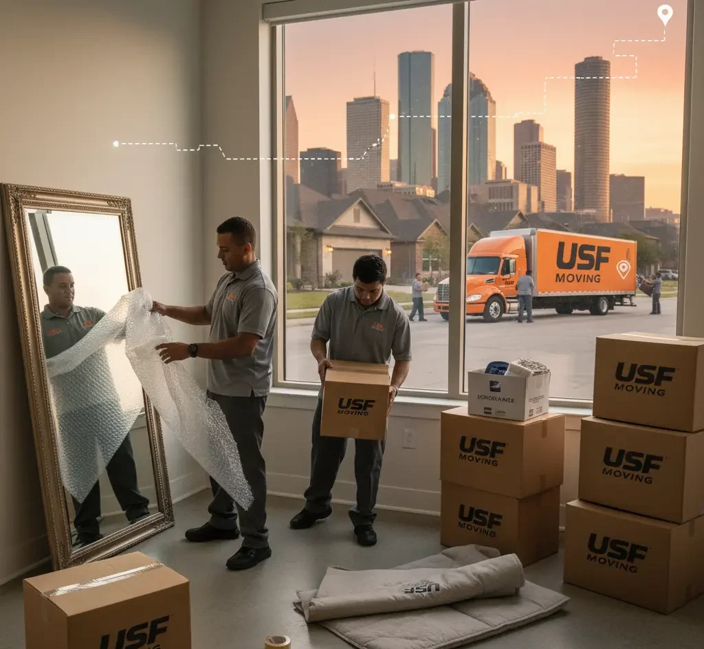 USF Moving Company's specialized long-distance movers carefully packing a customer for a Houston to San Antonio relocation