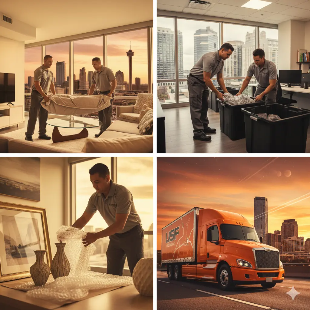 Professional long-distance movers from USF Moving Company packing fragile items for a Houston to San Antonio relocation