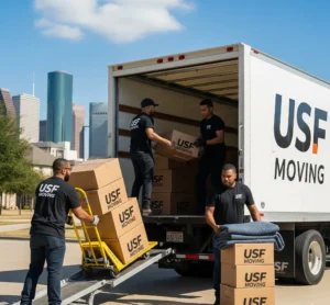 USF Moving Company's professional Houston local movers unloading a truck with the city skyline in the background