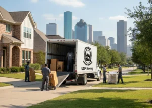 Professional Houston local movers unloading a USF Moving truck with the city skyline in the background