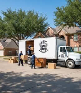 Professional movers from USF Moving Company loading a truck for a local residential move in Houston, TX