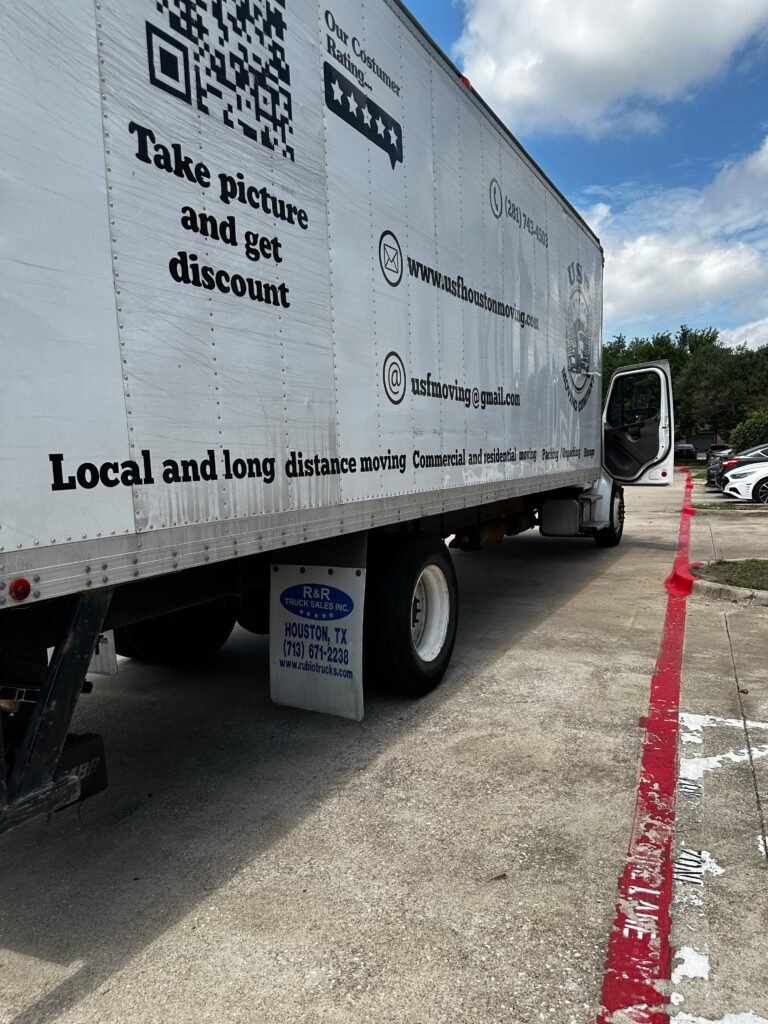 USF Moving Company truck departing Houston, Texas, for a professional cross-country long-distance move.